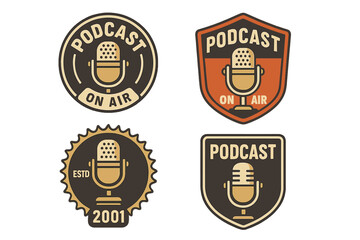Obraz premium A collection of retro podcast badges featuring vintage microphone emblems