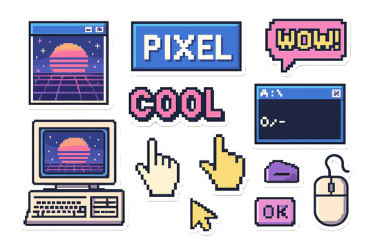 Retro computer elements from the 1980s-1990s, including square frames and seamless backgrounds, are featured in this sticker pack with a cool retrowave user interface and desktop illustration of old