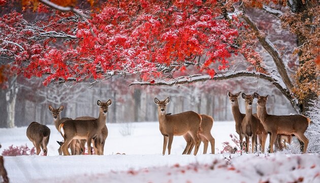 majestic deer gather under vibrant red foliage in a snowy forest during winter creating a peaceful and enchanting natural scene - Powered by Adobe
