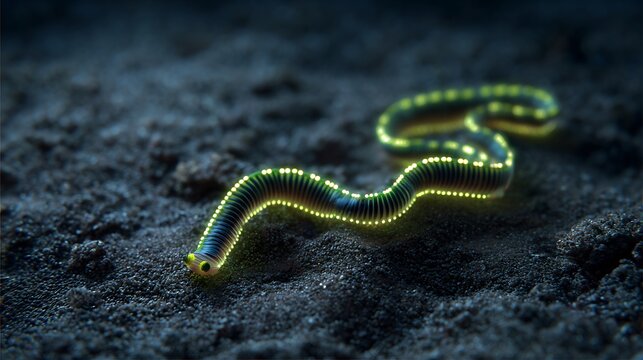 Bioluminescent nemertean ribbon worm glowing ocean floor soft yellow and green light emission unique rare marine invertebrate hyper detailed dark seabed setting
