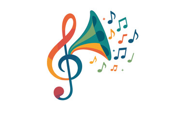 Vector illustration of a colorful G-clef with a gramophone horn on a music background, featuring retro phonograph horn and music notes, suitable for music festival posters, concert events, and party