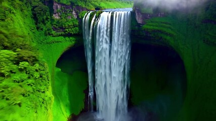 Majestic waterfall cascading into a deep jungle gorge surrounded by lush green vegetation - Powered by Adobe