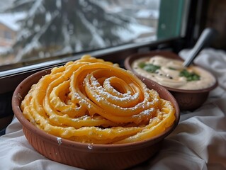 Delicious funnel cake dessert recipe with powdered sugar served in a rustic bowl near window