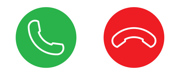 Phone call icon accept and decline. Icons depict the option to accept or decline phone call with red and green buttons. Phone icon. Answer and hang up the phone icon. Accept and decline incoming call 