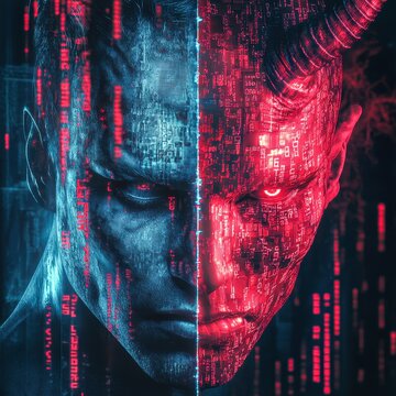 A futuristic AI split face, half a human with holographic skin, half a Lucifer with corrupted binary code horns, set against a digital matrix, sleek and unsettling.