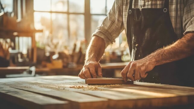 Carpenter hand sanding wood in workshop with sunlit window