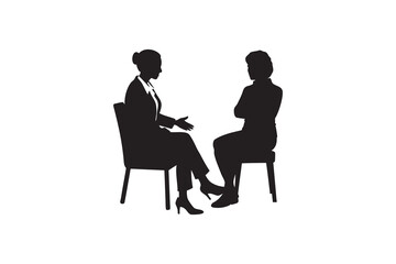 Silhouette of two women in a meeting one gesturing while the other listens attentively with arms crossed isolated on a white background