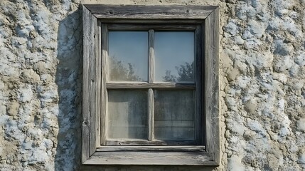 Obraz premium Rustic Wooden Window on Old Stone Wall Exterior