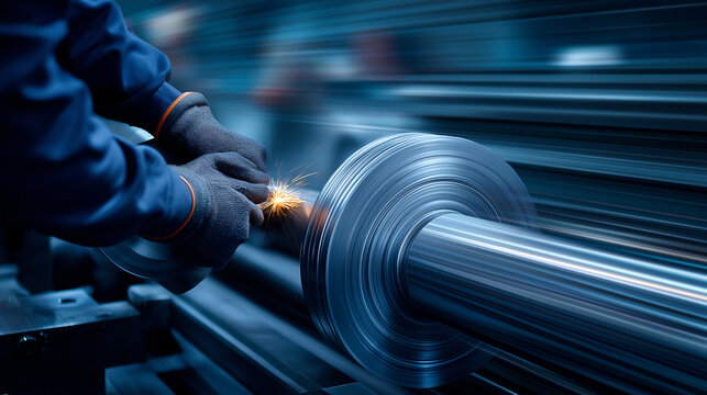 Worker Operating a Lathe with Spinning Metal in Background
