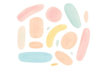 Pastel watercolor shapes blending into abstract composition, creating soft ethereal design against transparent backdrop