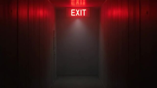 Exit sign, illuminated, in a dark corridor, representing escape and safety