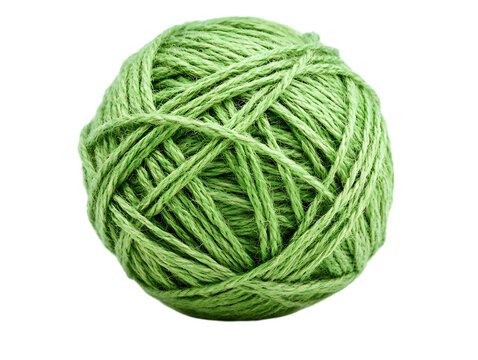 Close up of a ball of bright green jute twine isolated on transparent background