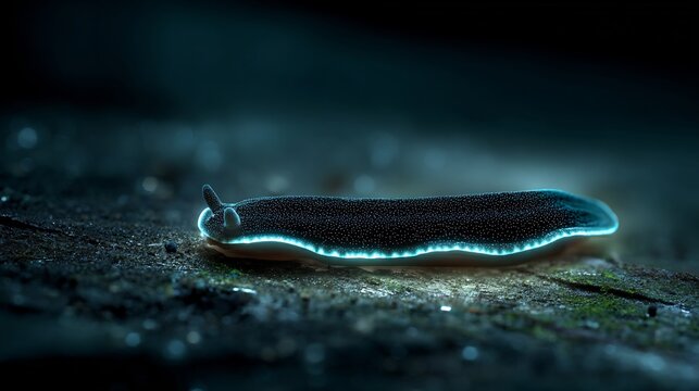 Bioluminescent planarian flatworm freshwater habitat glowing edge along flat body realistic macro in forest stream or dark pond setting