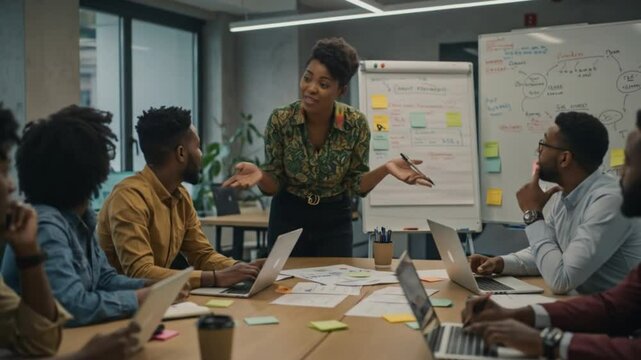 Woman presenting to diverse team at conference table with laptops and whiteboard in modern office space