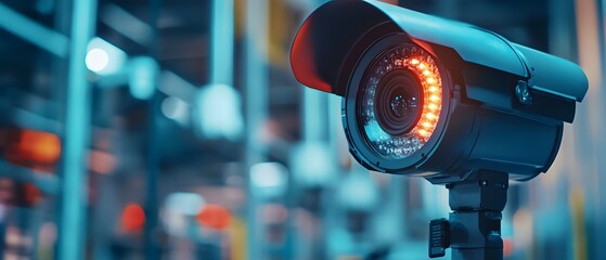 A close-up of a modern security camera featuring a sleek design and bright red indicator light, set against a blurred backdrop of a high-tech environment.
