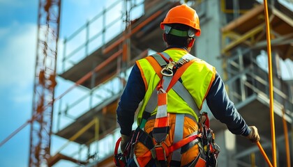 A construction worker in safety gear, overseeing the building process at a construction site. The bright colors of the vest and helmet stand out against the structural background.