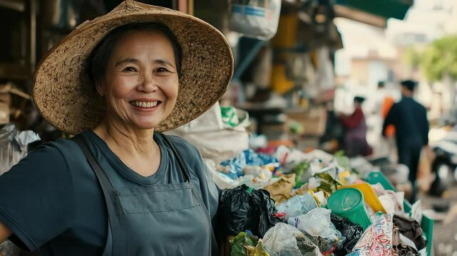 Asian Woman Smiles Supporting the Environmental Recycling Industry