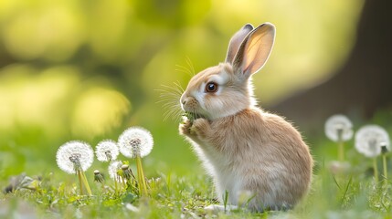 Fototapeta premium A fluffy rabbit sitting amidst dandelions, nibbling on grass in a serene, sunlit environment. The gentle atmosphere captures the beauty of nature and the charm of wildlife.