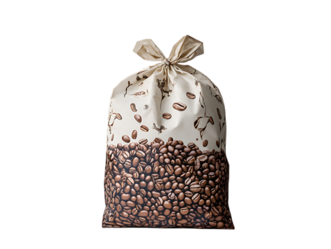 Bag of roasted coffee beans with decorative pattern isolated on transparent background