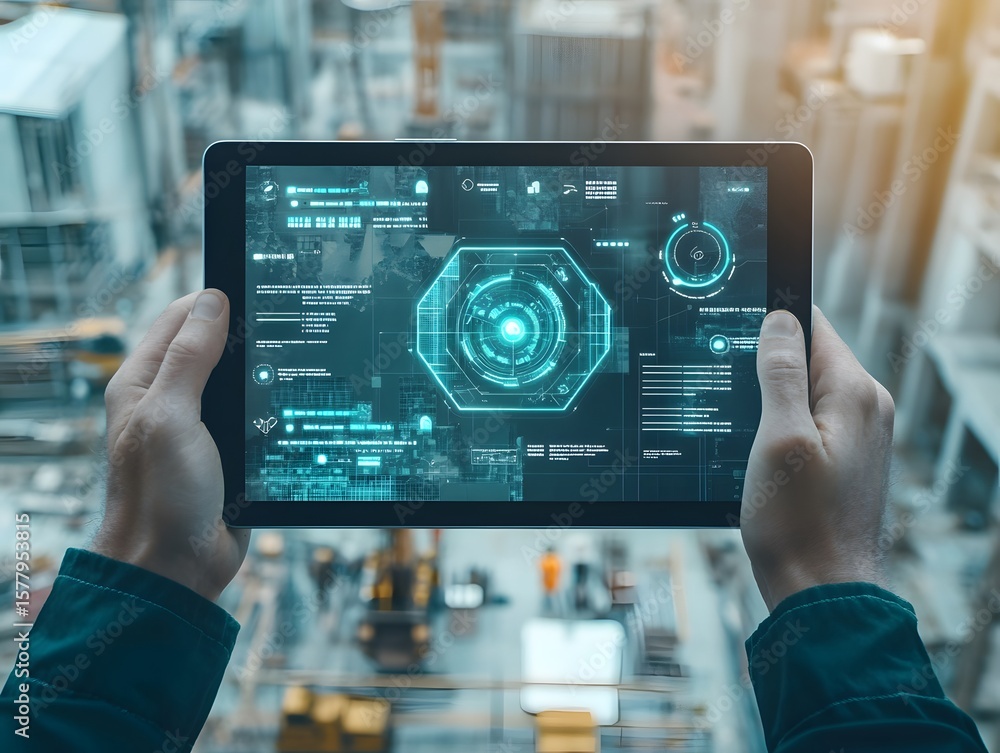 Poster a person holding a tablet displaying advanced technology and data analytics, showcasing the modern d