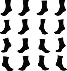 Black Sock Silhouettes Collection: A Versatile Vector and Illustration Set of Diverse Sock Styles, Ideal for Apparel Mockups, Fashion, and Footwear Design.