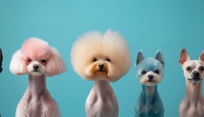Colorful groomed dogs display unique hairstyles against a plain blue background