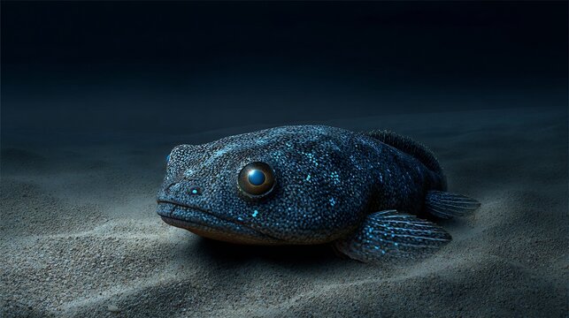 Bioluminescent sea toad resting abyssal plain deep sea benthic fish glowing slightly around eyes and fins natural adaptation for low light survival