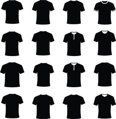 Black Apparel Silhouettes: A Versatile Vector and Illustration Collection of Men's T-Shirts and Polo Shirts in Various Styles, Ideal for Mockups and Design Projects.
