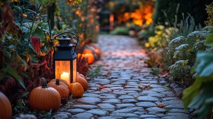 Illuminated pathway lined with pumpkins and lanterns.