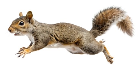 Obraz premium A cute, furry, grey squirrel with a fluffy tail is isolated on a white background and perched on a branch, showcasing this small wild rodent