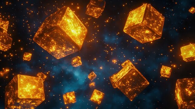 A matrix of glowing cubes floating in a dark space forming an abstract festival background