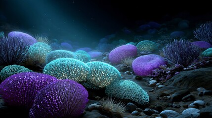 Bioluminescent sponges rocky seabed emitting soft light rare reef organisms purple and teal glow clean and scientifically accurate reef scene