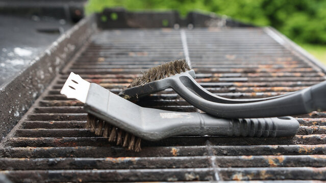 A detailed image features a grill brush placed on a barbecue grill. The background displays lush greenery, creating a fresh and outdoor ambiance.