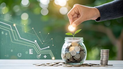 Hand adding coin to jar, growing plant, financial growth, declining graph, green background, investment concept.