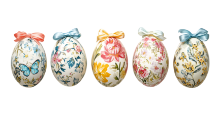 Five decorative easter eggs with floral designs and ribbons isolated on transparent background