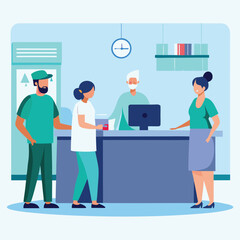 Diverse professionals at reception desk in a modern office environment illustrating teamwork and collaboration