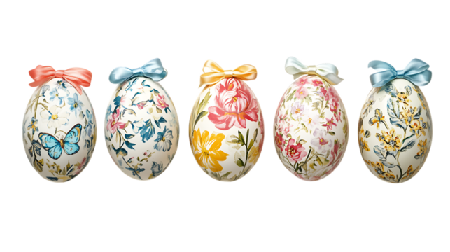Five decorative easter eggs with floral designs and ribbons isolated on transparent background