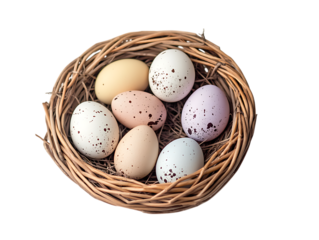 Easter eggs in a woven nest with speckled colors isolated on transparent background