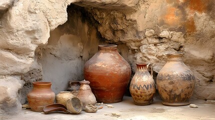 Ancient Clay Pottery Jars in Old Stone Niche