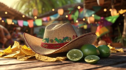 Vibrant Mexican Still Life with Sombrero, Limes, and Tropical Reggae Party in the Background Under Lanterns and Flags