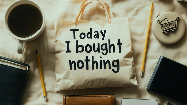 Paper shopping bag puffed with air and labeled “Today I bought nothing”