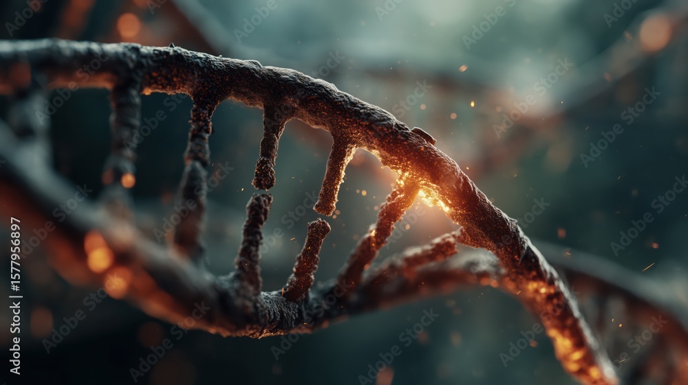 Poster dna chain transforms into radiant light, merging science and creation in a stunning visual represent