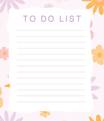 Minimalistic floral “To Do List” template with soft pastel flowers and lined space for writing tasks. Aesthetic and functional design, perfect for daily planning, digital journals, printable planners