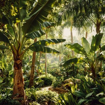 a tropical garden with banana trees palm trees and vibrant green foliage all coming together in a lush green paradise