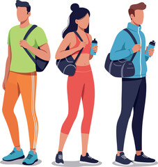 Fototapeta premium Group of three young active people with sportswear and water bottles carrying gym bags standing together in casual fitness pose