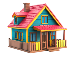 Charming cartoon house with red roof and blue walls isolated on transparent background