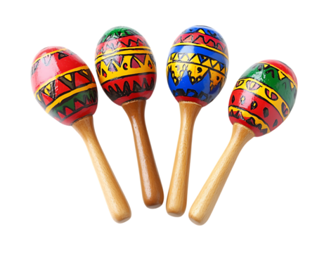 Four colorful wooden maracas with traditional patterns isolated on transparent background