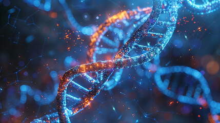 Artificial intelligence repairing damaged DNA double helix structure with glowing blue and orange light effects in futuristic medical technology