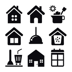 Home and Cleaning Black & White Vector Icons Set - Household Maintenance, Property, and Daily Chores