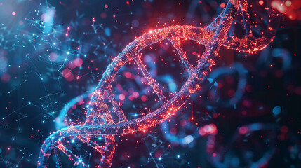 DNA double helix structure with glowing particles representing artificial intelligence genetic analysis and molecular repair technology
